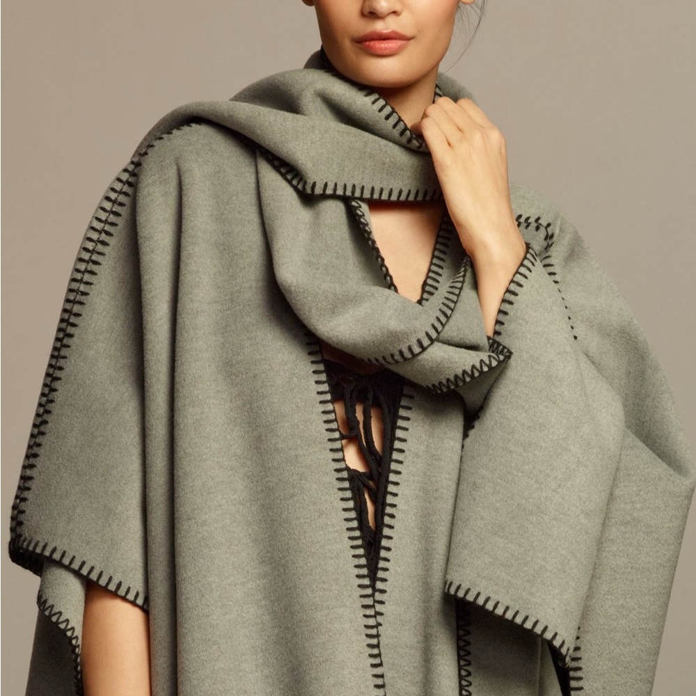 By Anthropologie Whipstitch Poncho with Scarf Gray